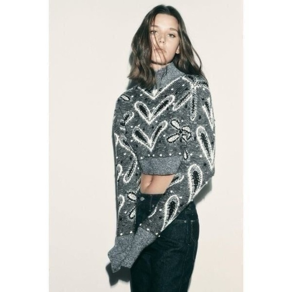 ZARA Jacquard Knit Pom Pom Crop Sweater Size Large
